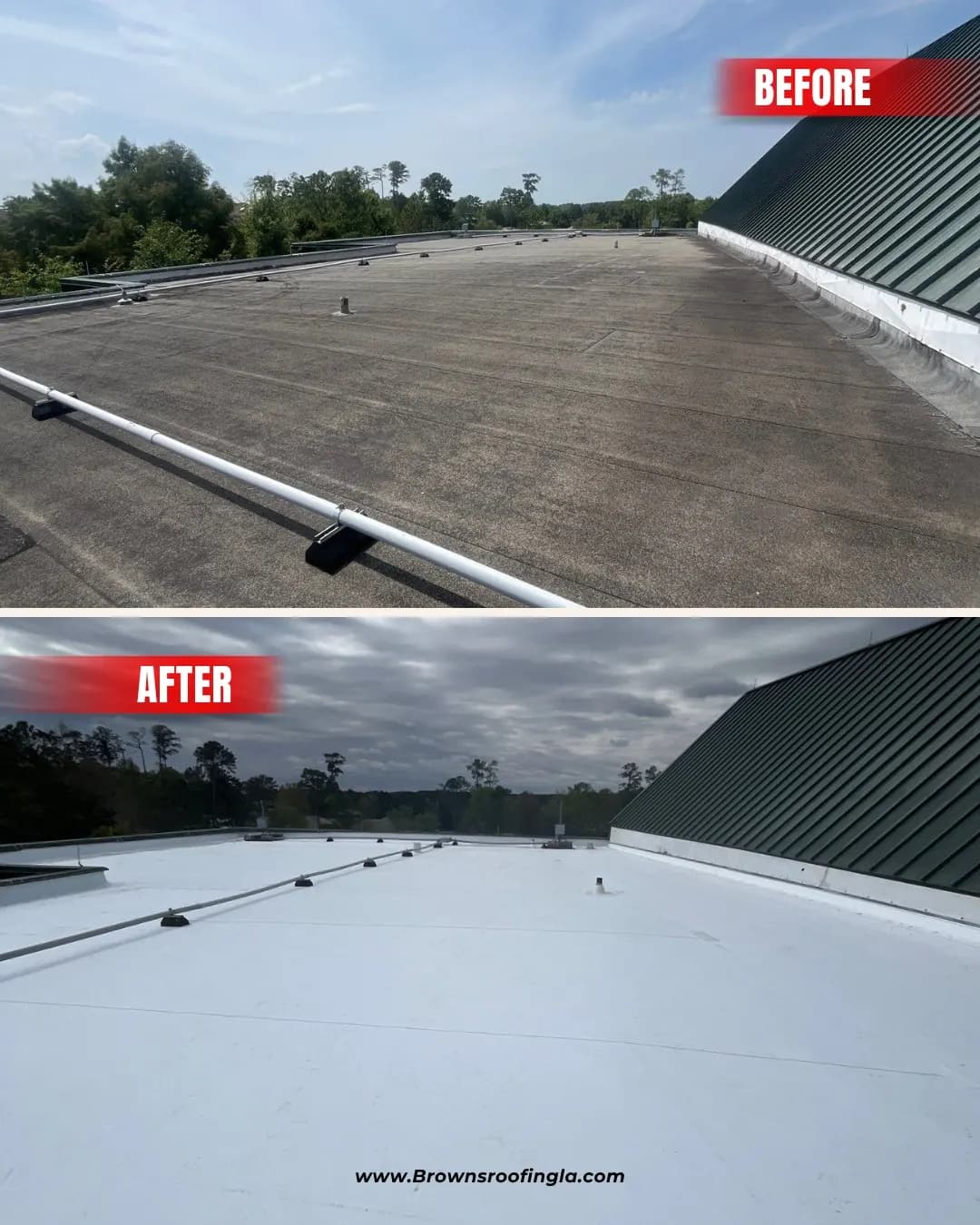 Before-and-after commercial reroof: aged modified bitumen replaced with white TPO