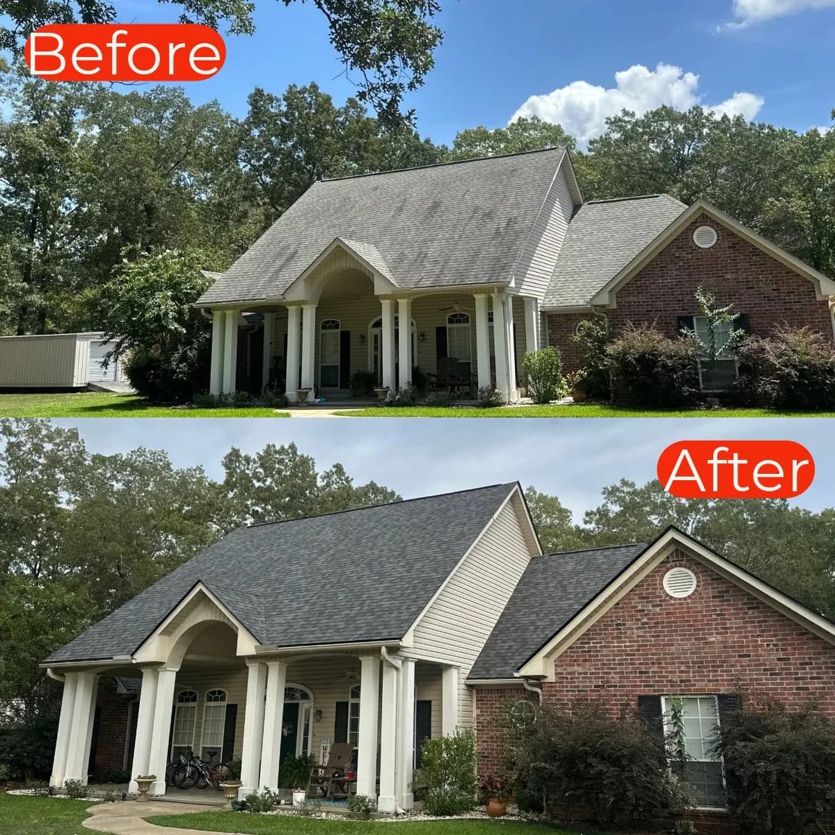 Before-and-after of a beige-siding and brick home with new architectural shingles