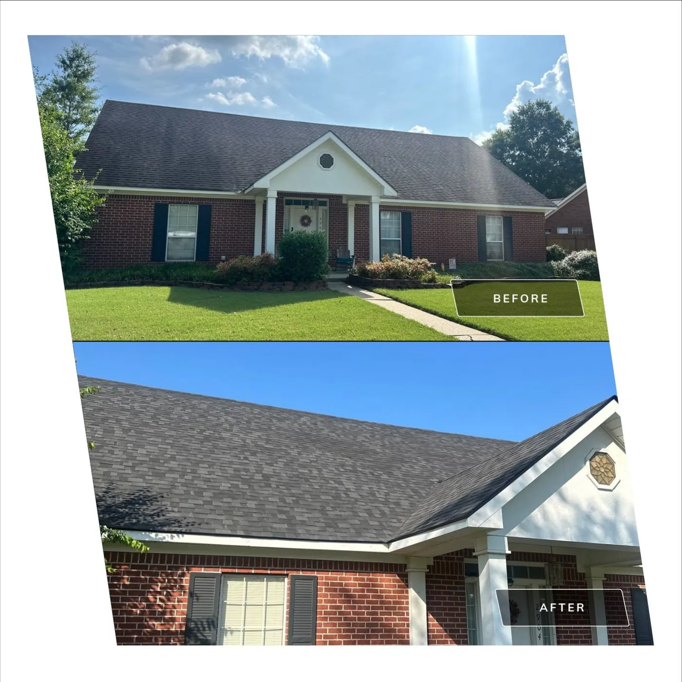 Before-and-after of a red-brick ranch home: aged shingles replaced with new dark architectural shingles