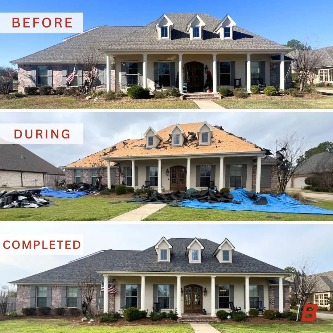 Three-panel before-during-after of an Acadian brick home with three dormers receiving a full asphalt shingle replacement