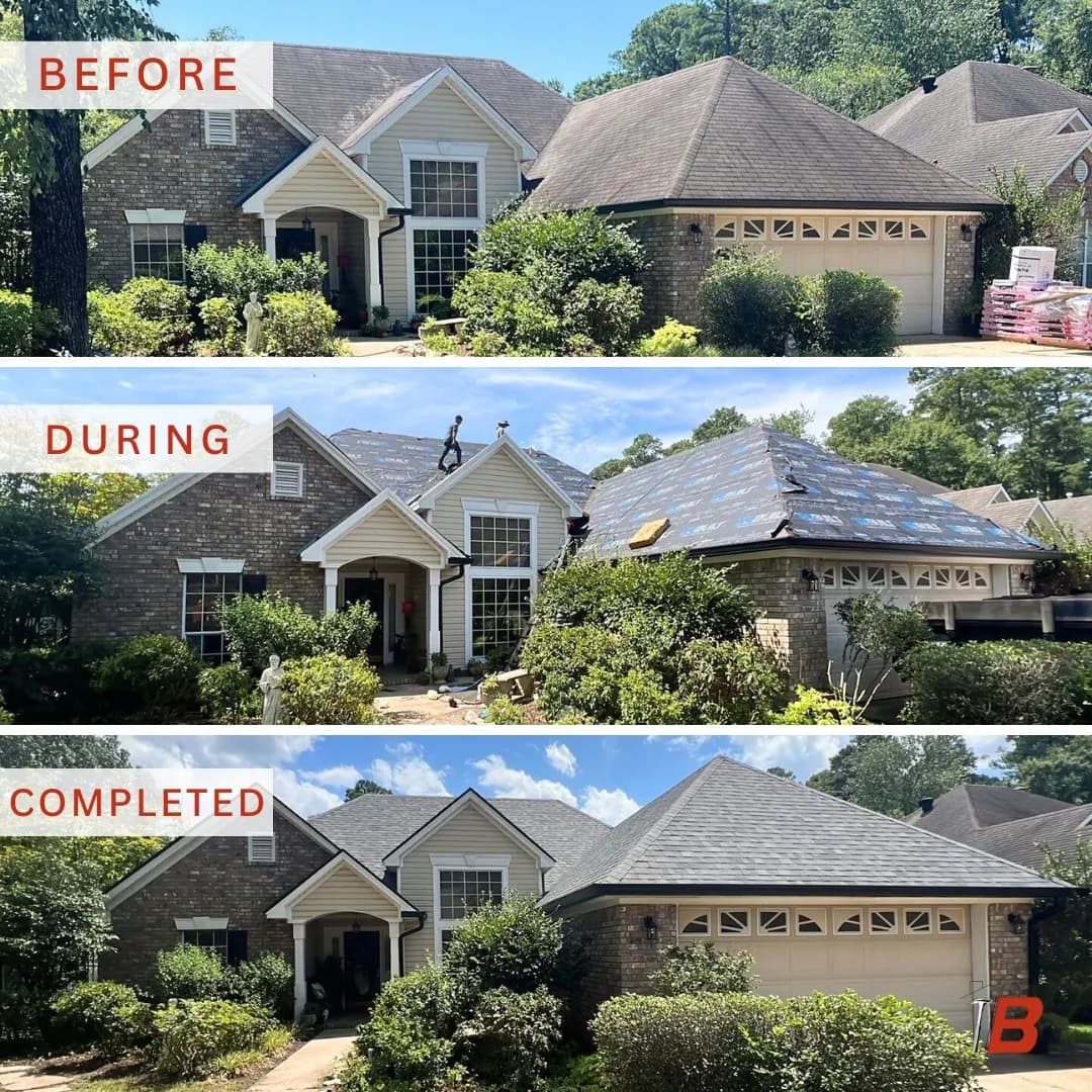 Three-panel before-during-after of a brick two-car-garage home receiving a new architectural shingle roof