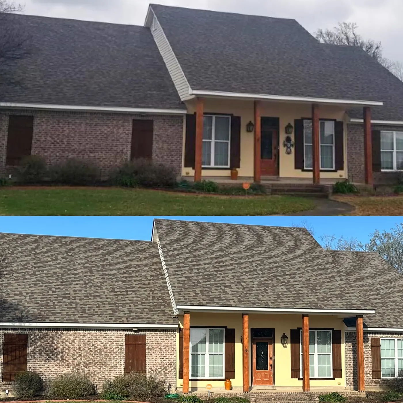 Before-and-after of a brick ranch with cedar porch columns and new gray architectural shingle roof