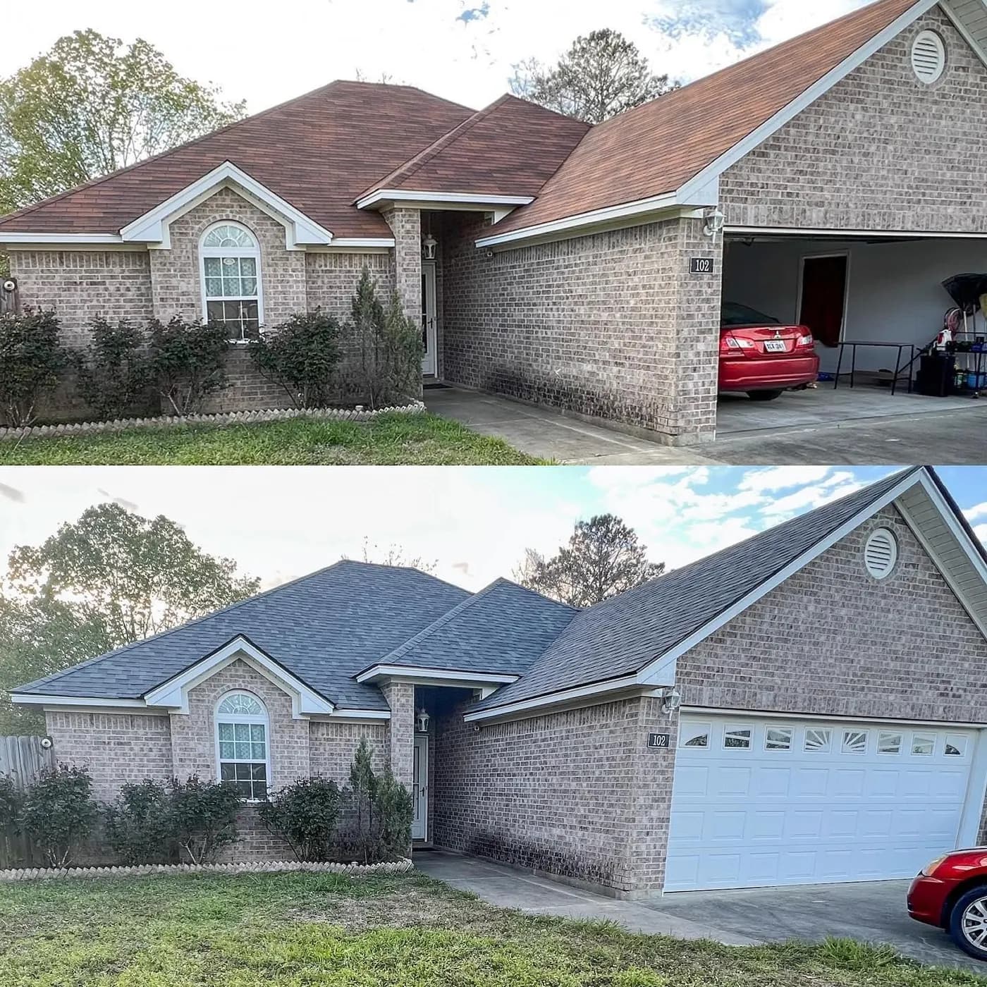 Before-and-after of a brick home with two-car garage receiving a new shingle roof