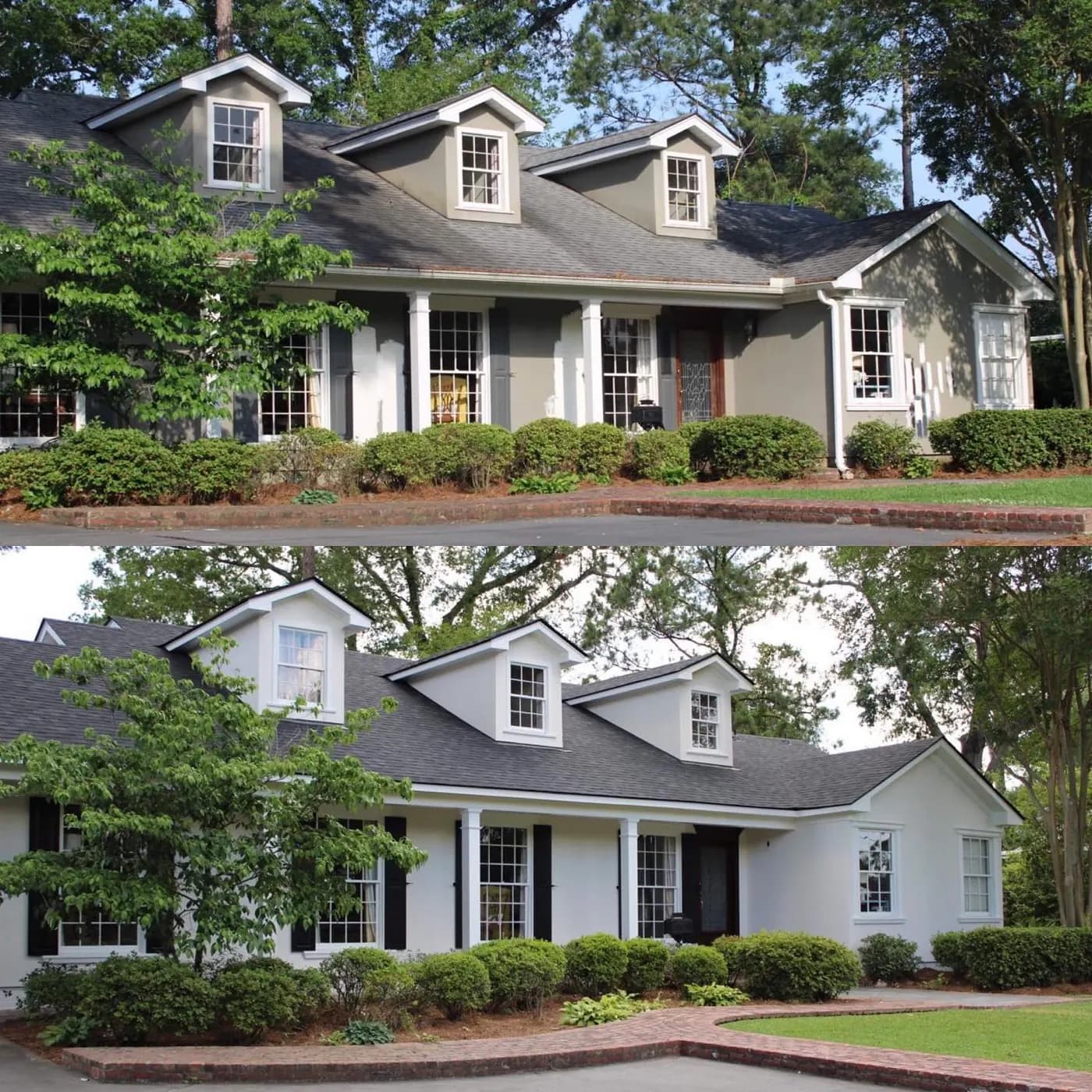 Before-and-after of a white-painted ranch home with a new dark shingle reroof
