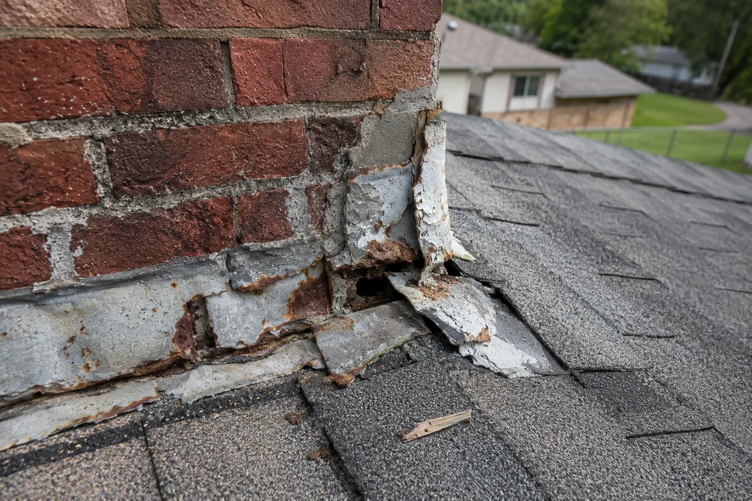 Deteriorated chimney flashing found during a roof inspection in Lafayette, Louisiana