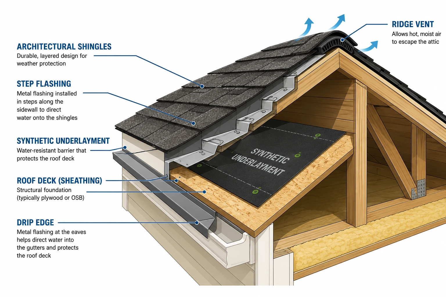 Cross-section diagram of an asphalt shingle roof system showing deck, underlayment, flashing, and ridge ventilation