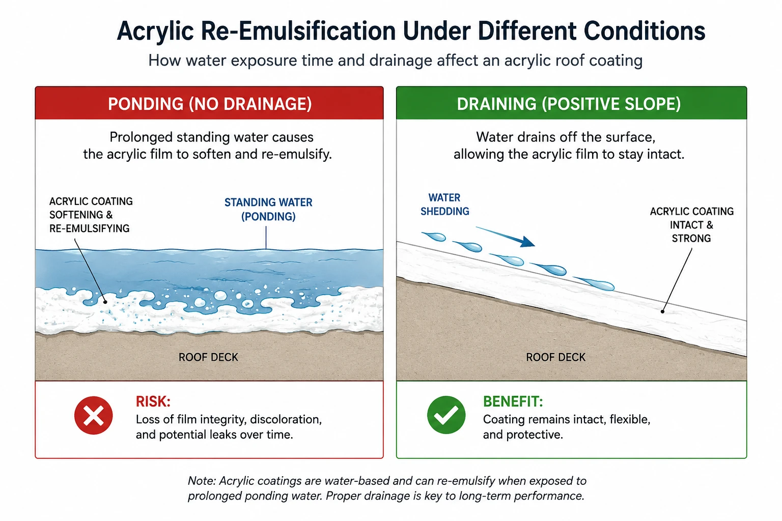 Diagram showing acrylic roof coating re-emulsifying under ponding water versus staying intact on a draining roof