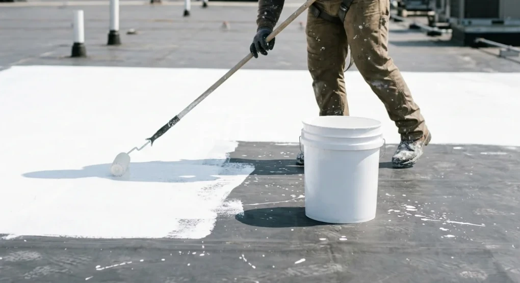 Roofer rolling bright white acrylic coating across a dark low-slope commercial roof membrane