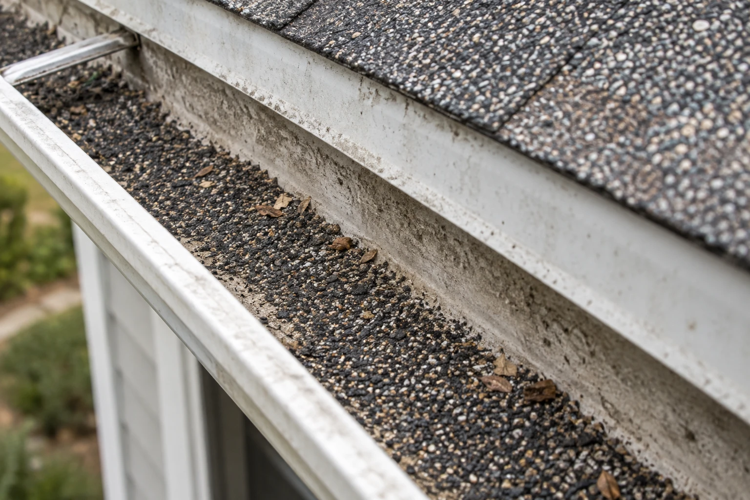 Shingle granules collected in a gutter, a sign an asphalt roof is nearing replacement