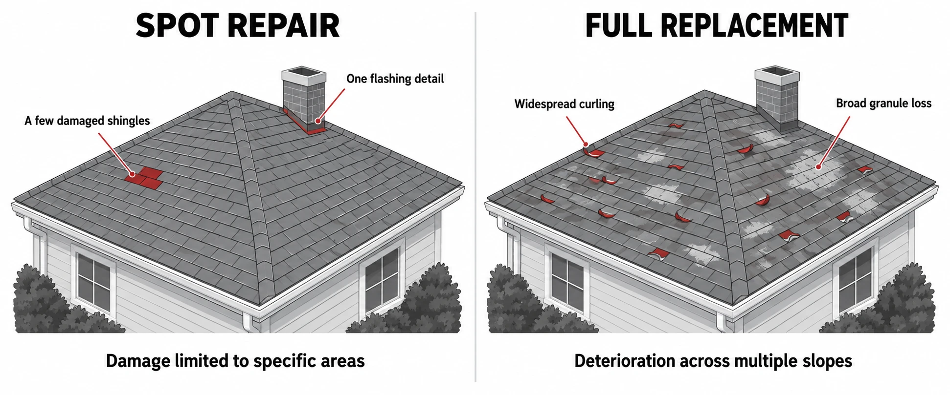 Spot repair versus full replacement comparison for an aging asphalt shingle roof