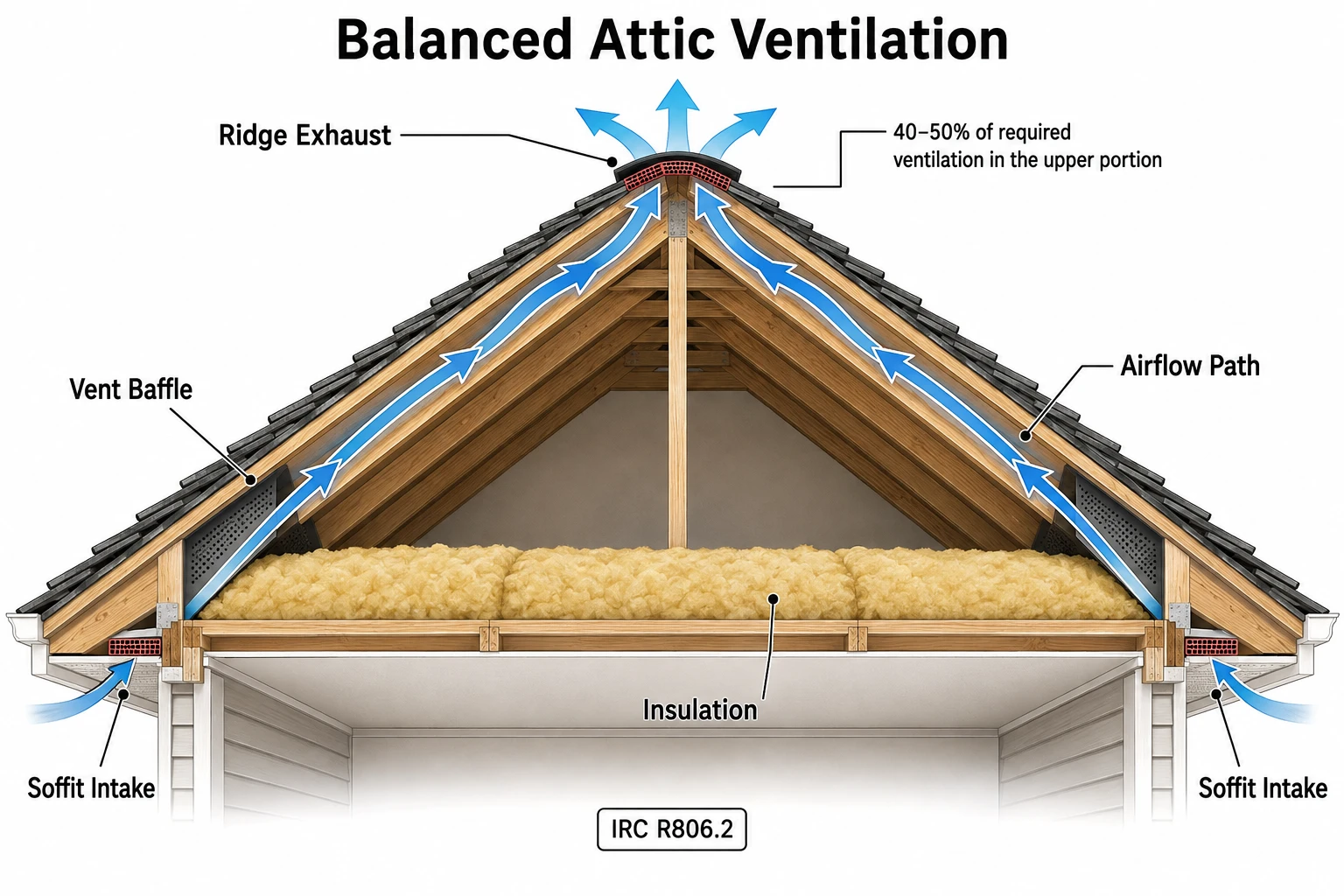 Balanced attic ventilation diagram — soffit intake to ridge exhaust airflow in a hot-humid climate