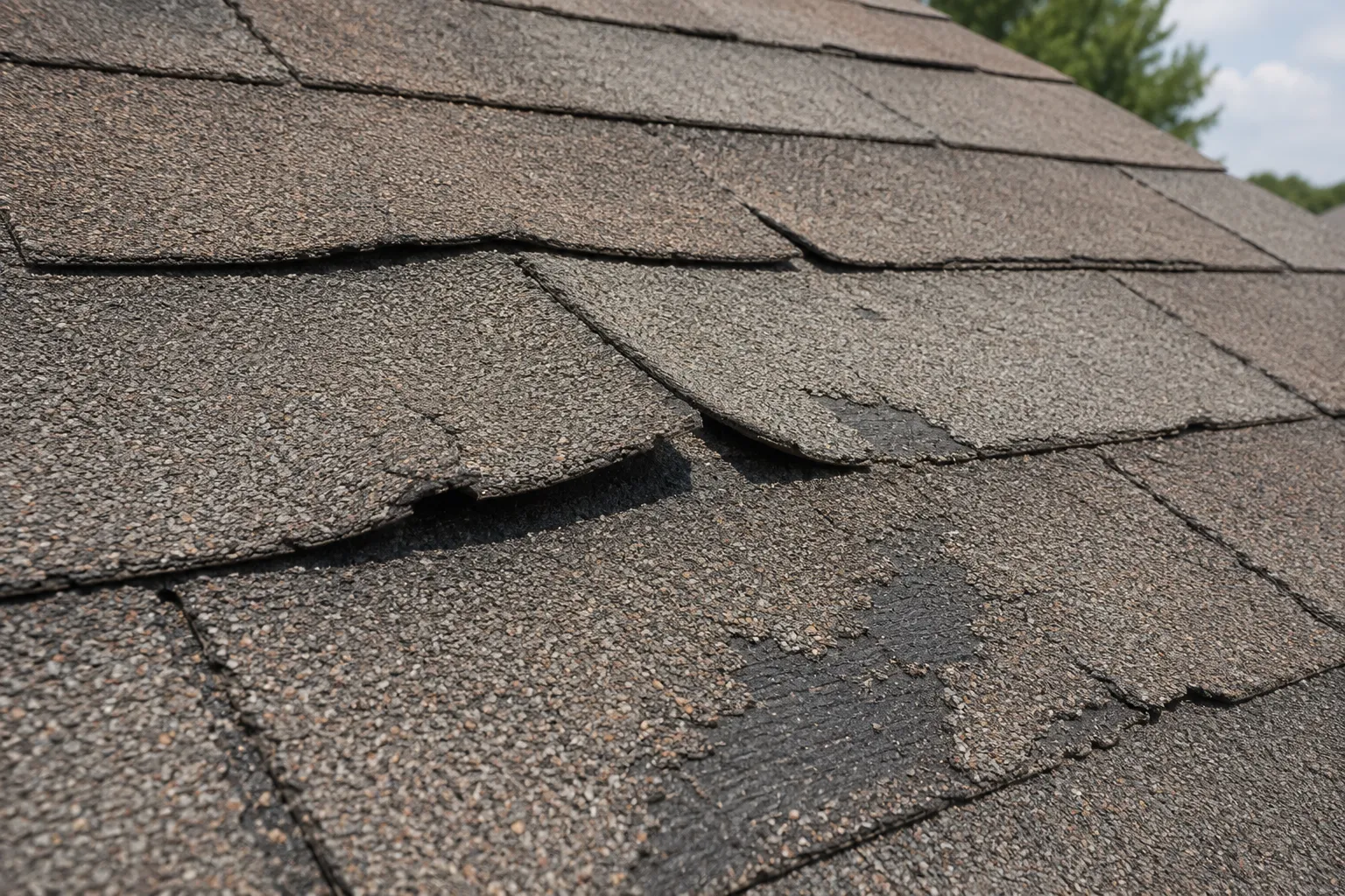 Curled and granule-worn asphalt shingles showing heat degradation on a South Louisiana roof