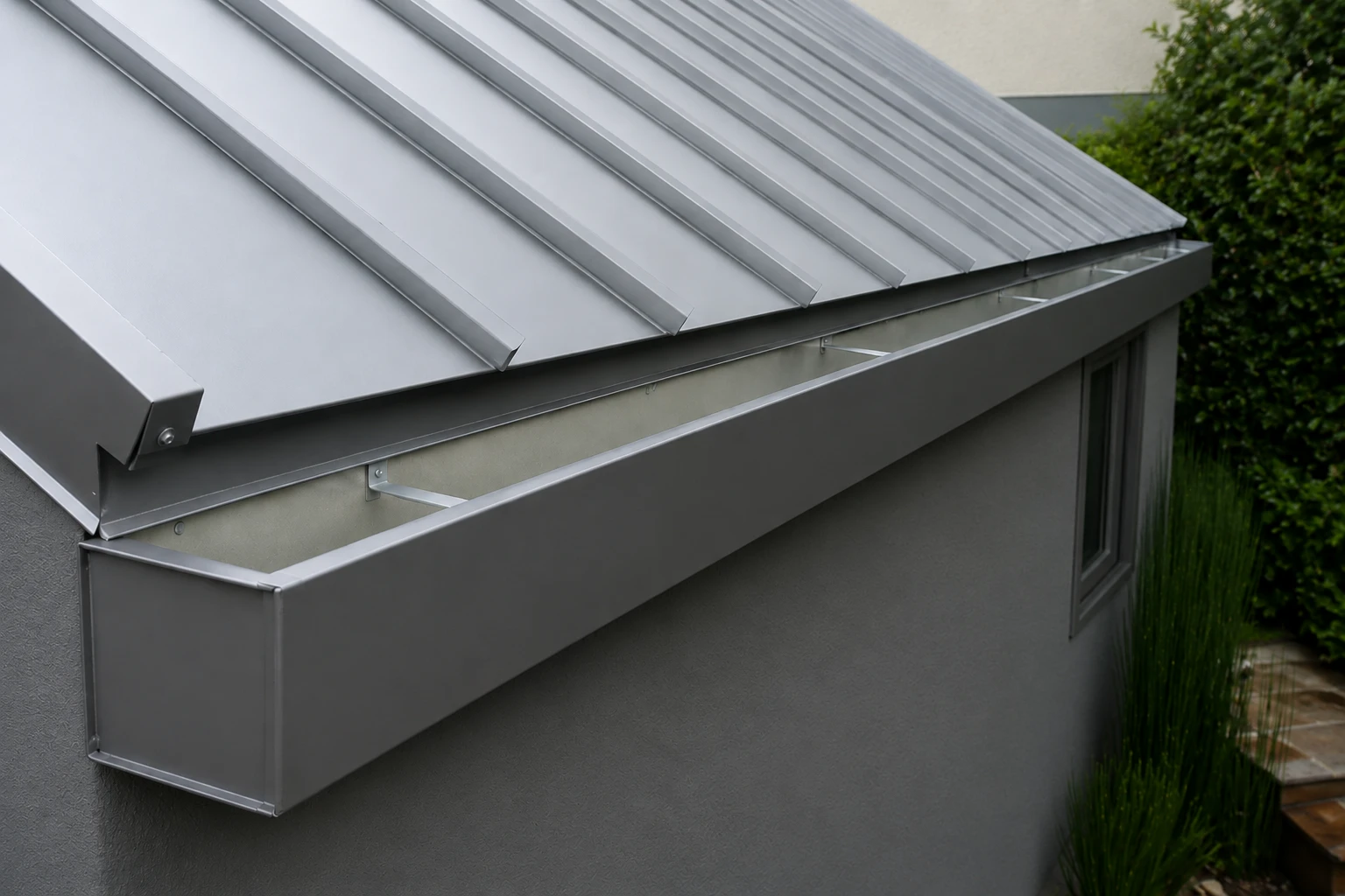 Box gutter integrated into a standing seam metal roof in North Louisiana