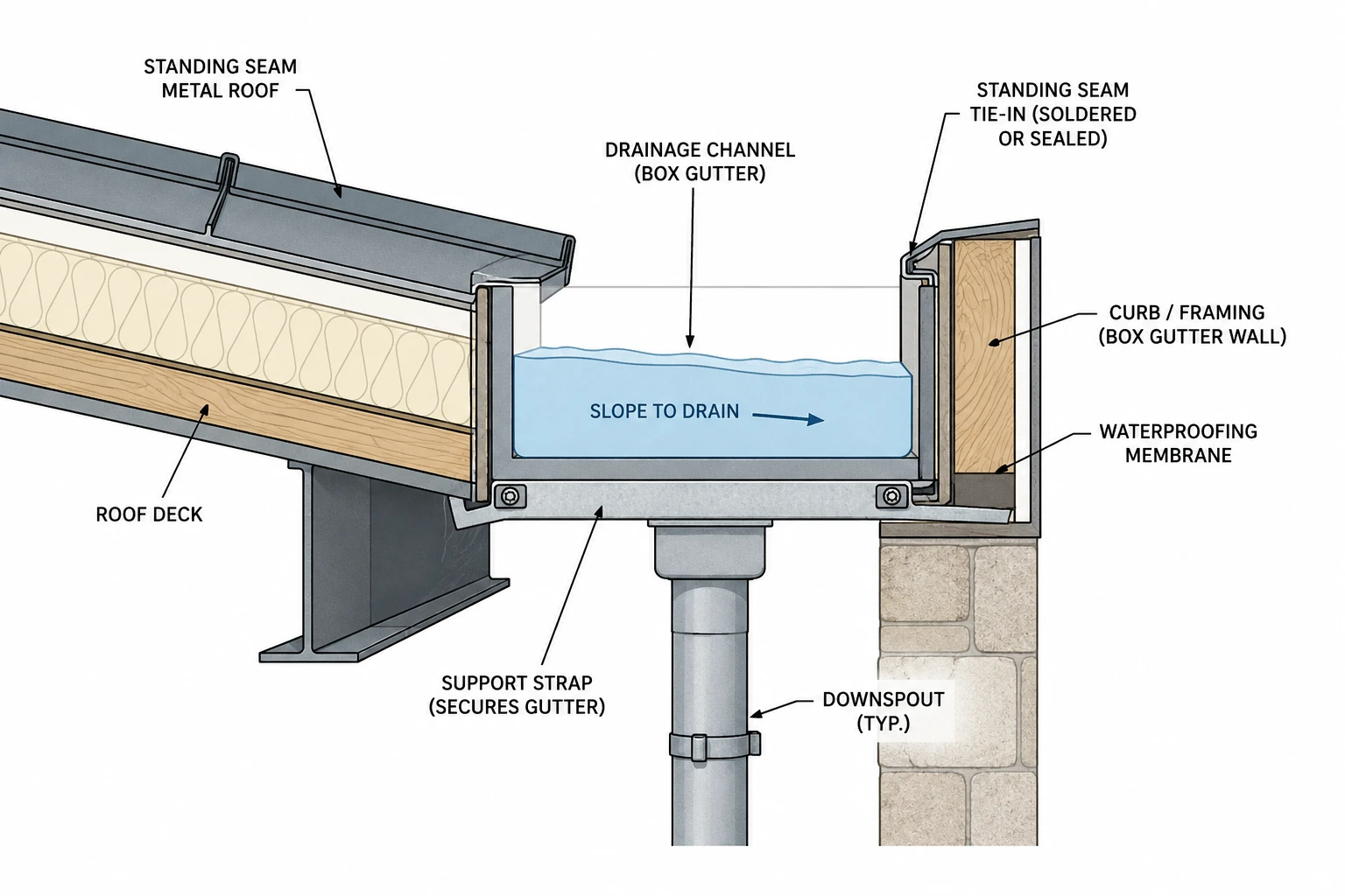Cross-section diagram of a box gutter built into a standing seam metal roof system