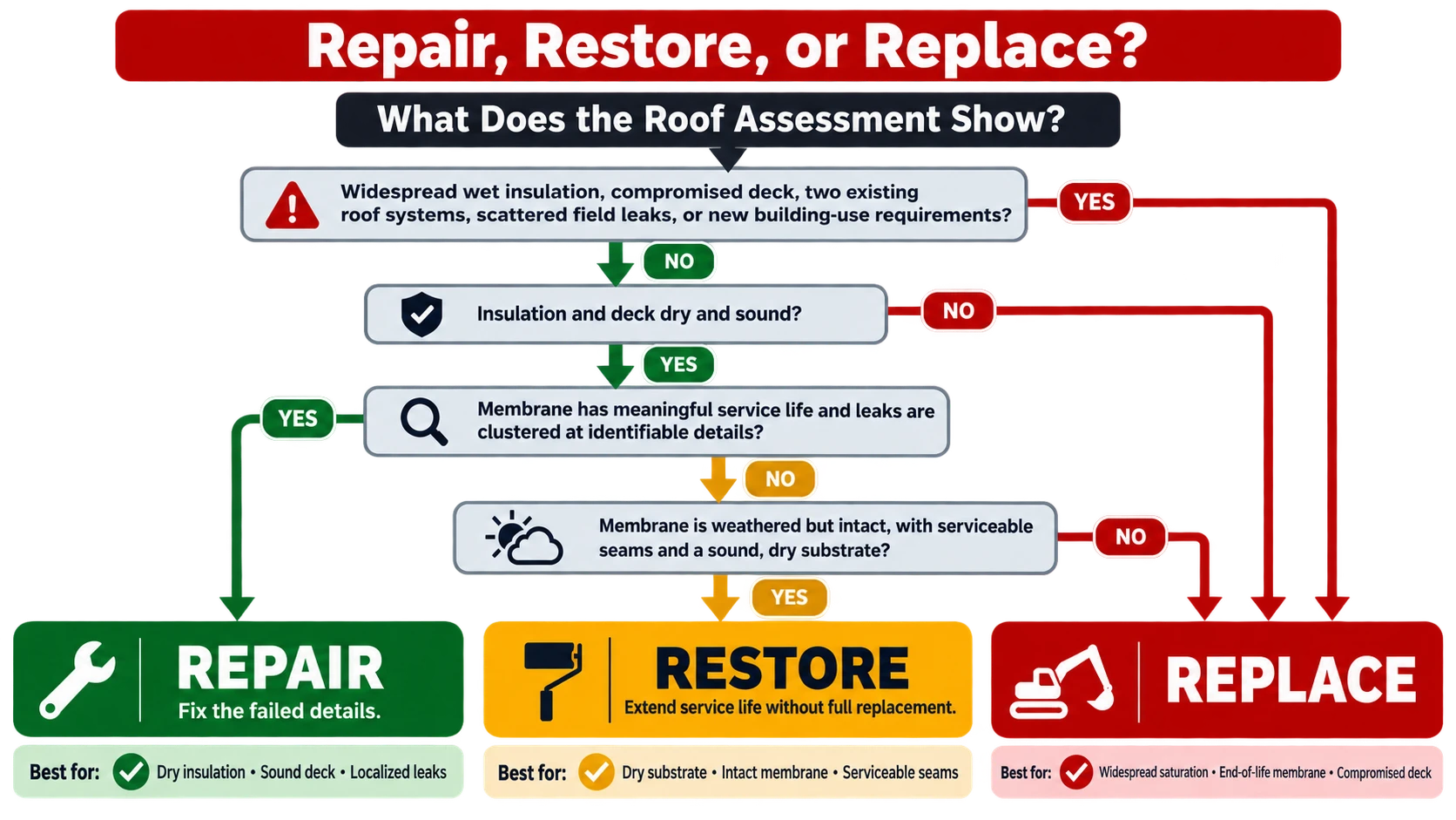 Flowchart showing the repair, restore, or replace decision framework for commercial roofs