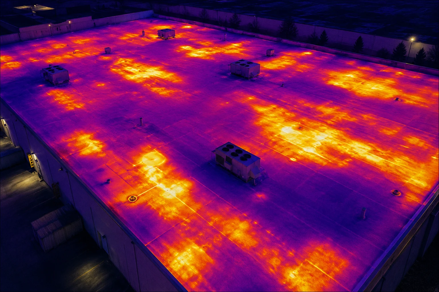 Infrared thermal scan of a commercial flat roof showing heat variation from trapped moisture