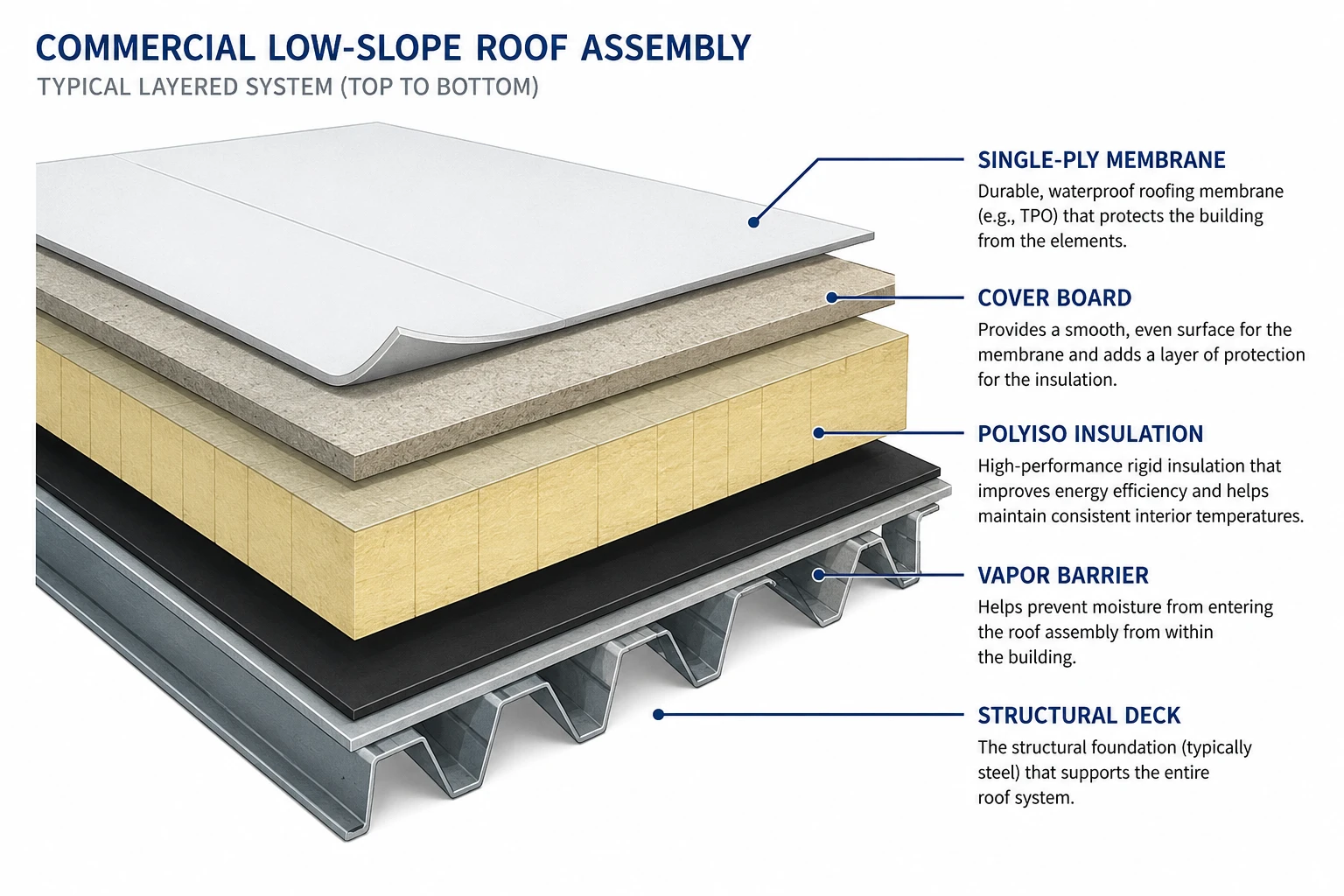 Cross-section diagram of a commercial low-slope roof assembly showing deck, insulation, cover board, and single-ply membrane