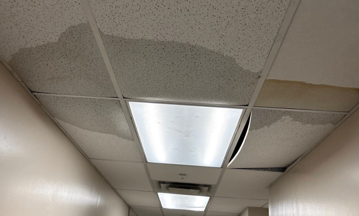 Water-stained ceiling tiles spreading around a light fixture beneath an active roof leak