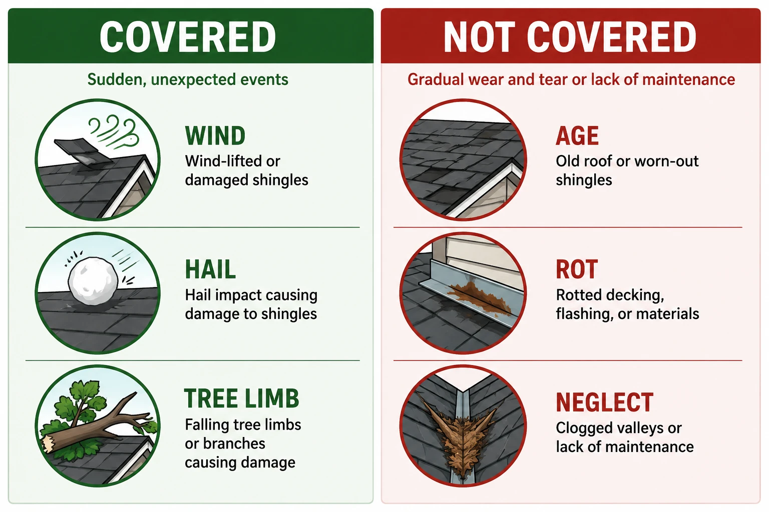 Diagram comparing roof leak causes home insurance covers (wind, hail, tree limb) versus excludes (age, rot, neglect)