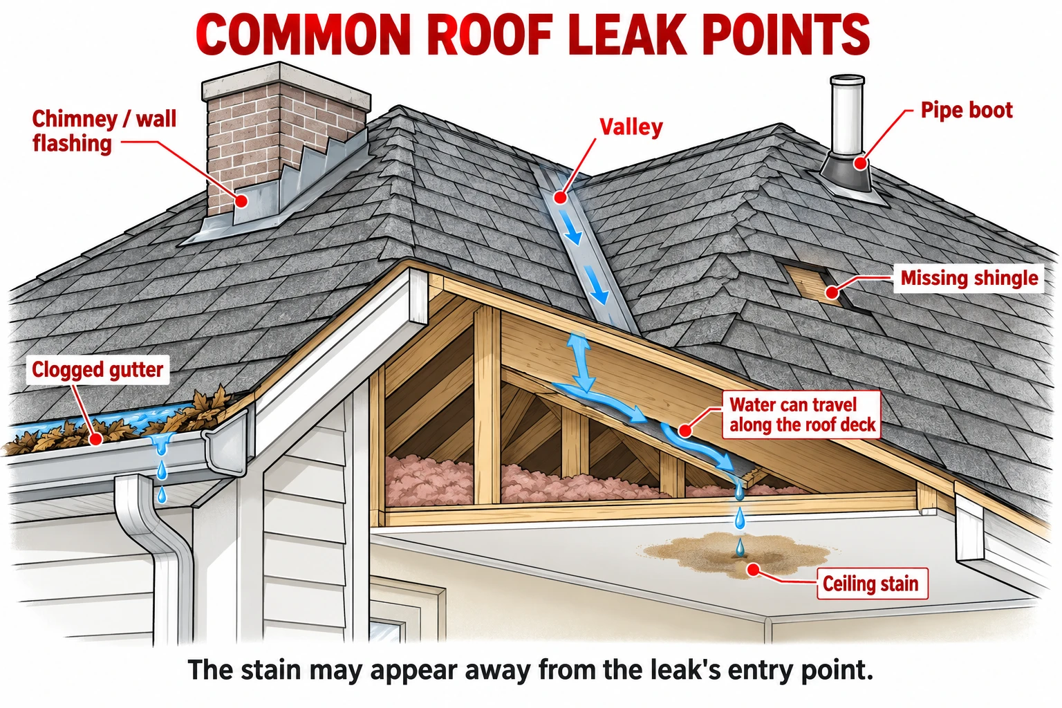 Diagram of common roof leak points exposed by repeated rain: flashing, pipe boots, valleys, shingles, and gutters