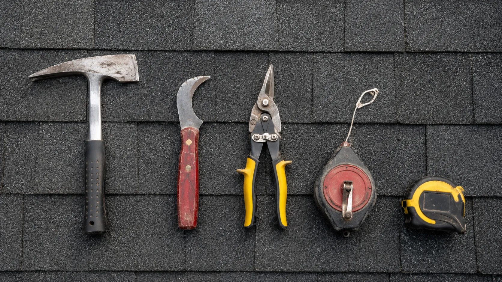 Essential roofing tools — hatchet, hook knife, tin snips, chalk line, and tape measure — laid out on asphalt shingles
