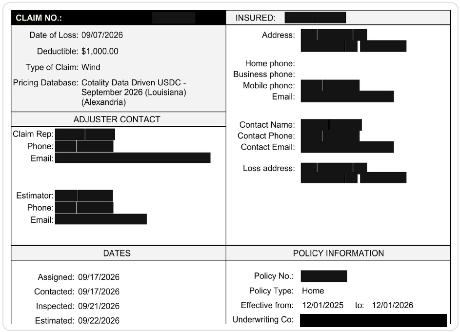 Intro page of a real Louisiana wind-claim insurance scope showing date of loss, deductible, claim type, adjuster contacts, and policy dates