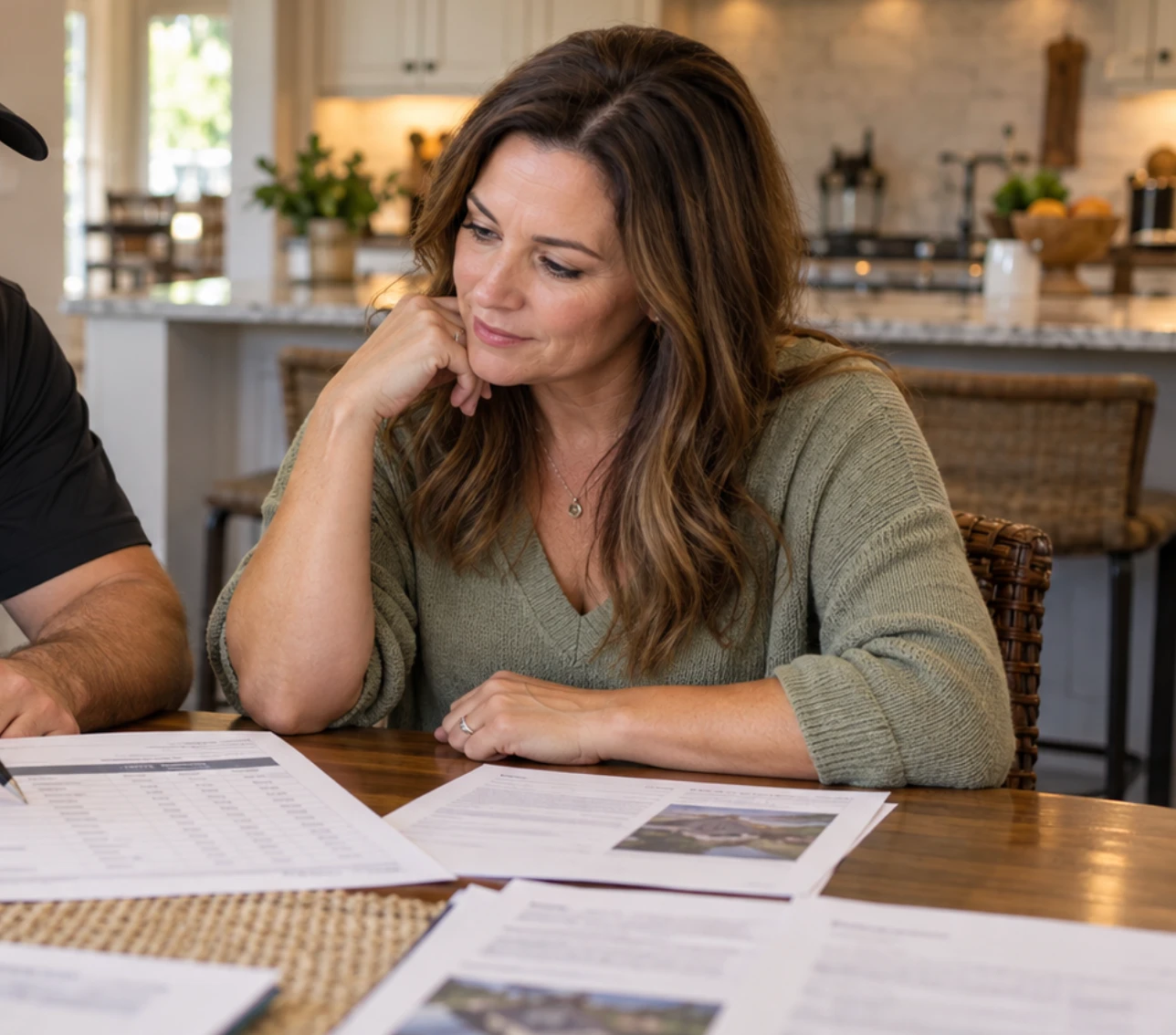 Homeowner reviewing printed roof insurance scope pages at a kitchen table with a Brown's Roofing project manager