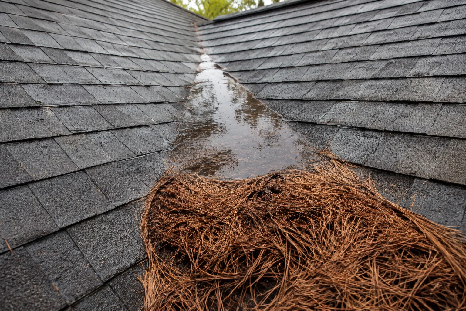 Pine straw dammed in a roof valley holding water against the shingles, Louisiana home