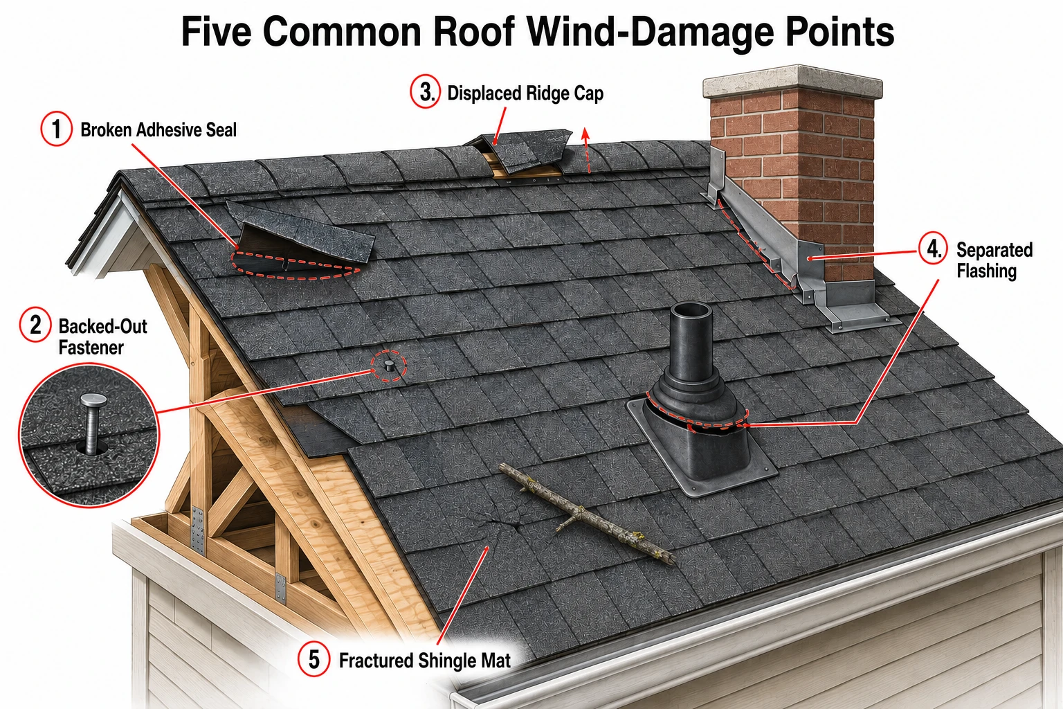Diagram of five common roof wind damage points: lifted shingle tabs, backed-out fasteners, ridge cap, flashing separation, and debris impact