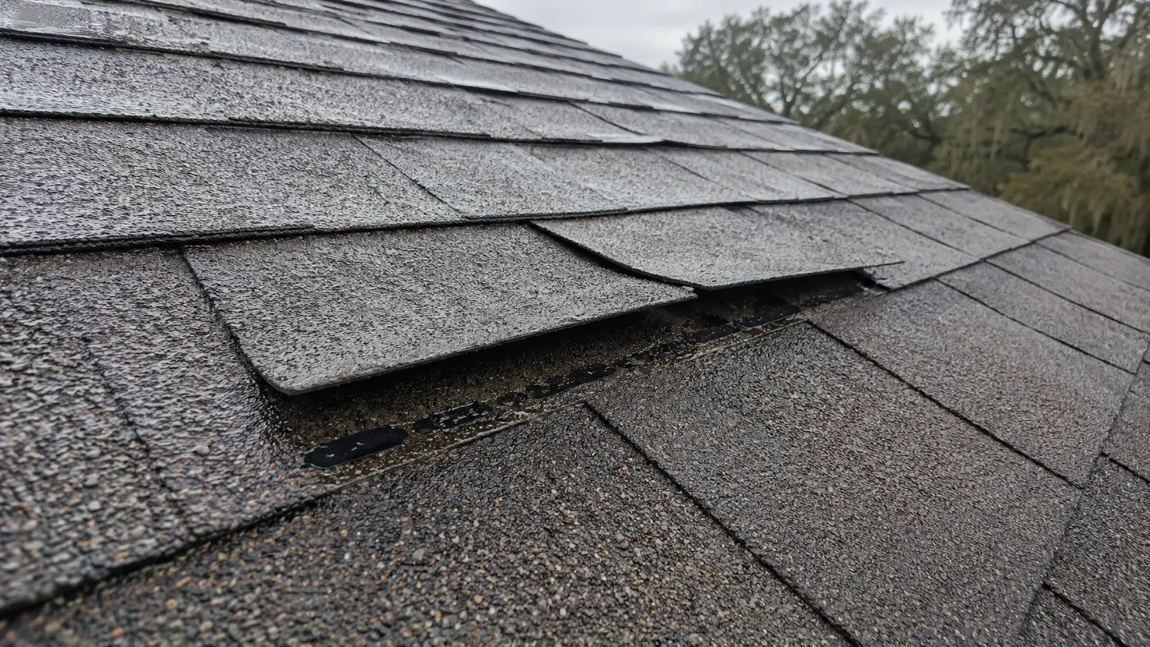 Wind-lifted asphalt shingles after a tropical storm on a Louisiana roof