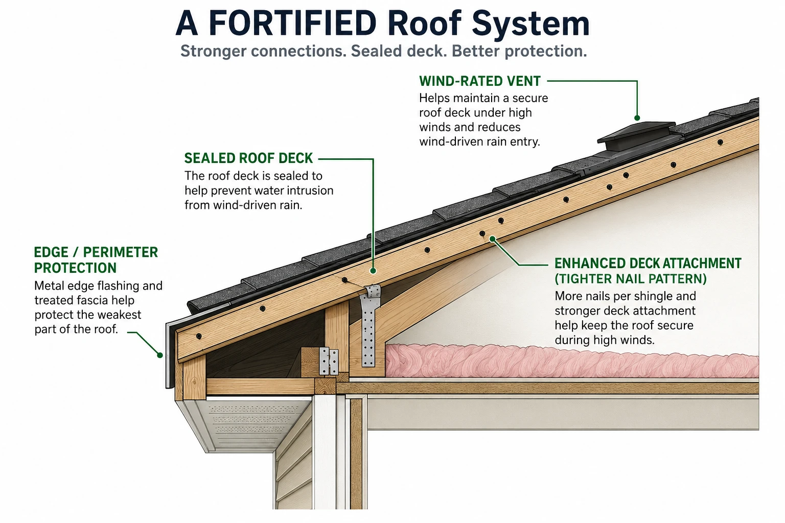 FORTIFIED roof system cross-section showing sealed deck, edge protection, and enhanced fastening