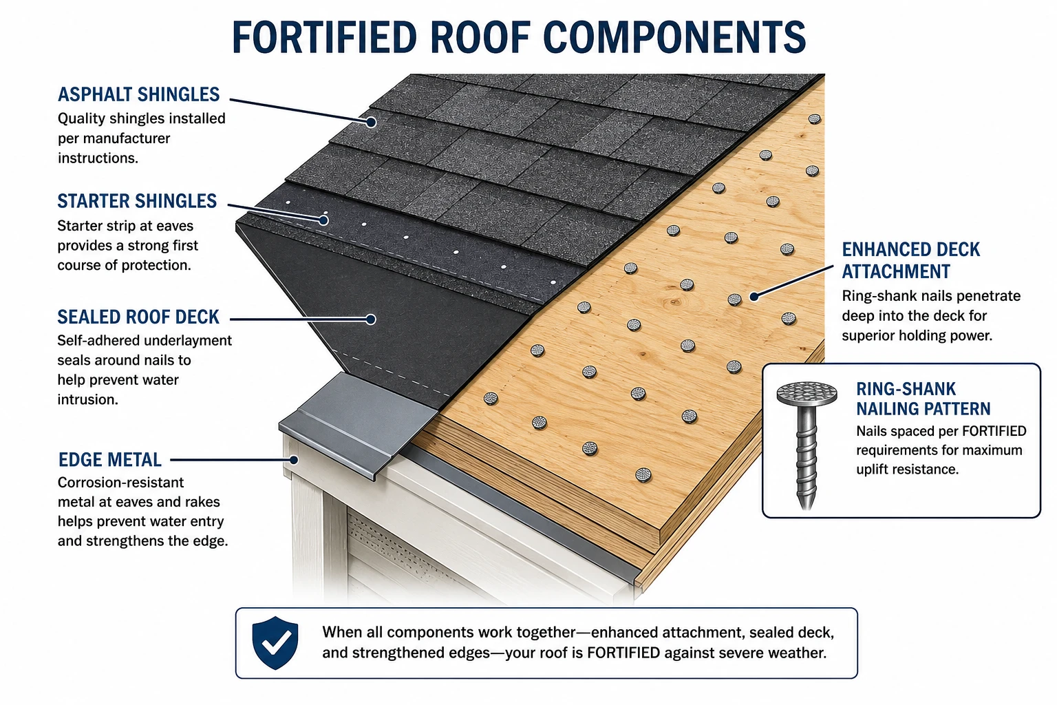 Diagram of FORTIFIED roof components including enhanced deck attachment, sealed roof deck, edge metal, and ring-shank nailing pattern
