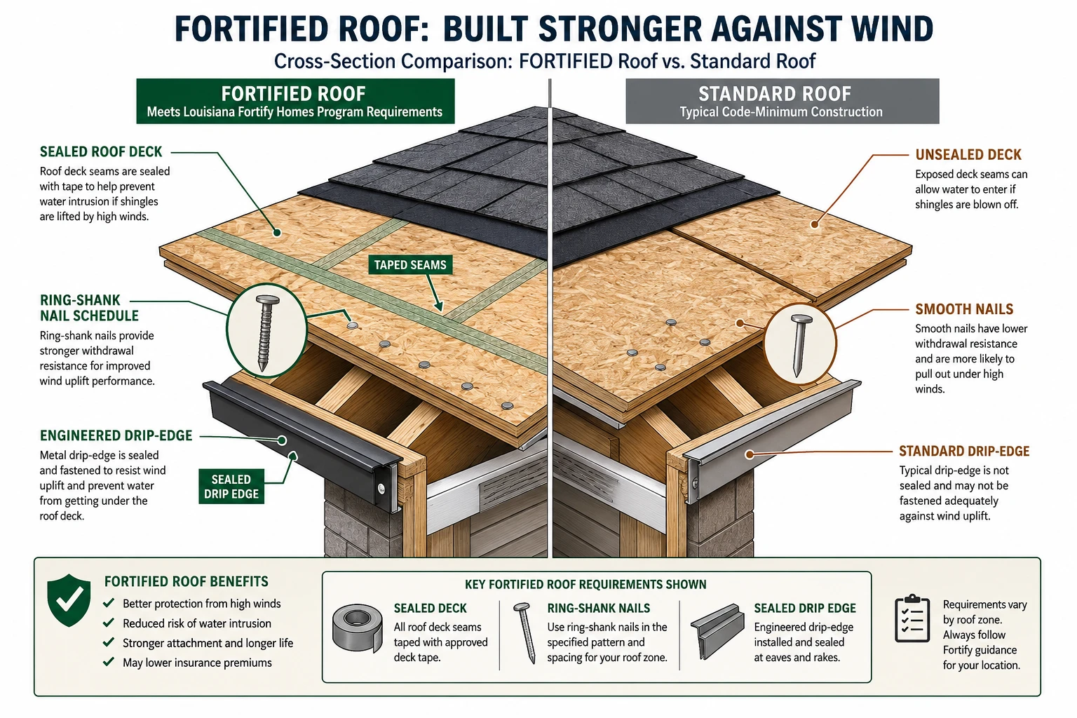 FORTIFIED roof cross-section diagram showing sealed deck and ring-shank nailing required by the Louisiana Fortify Homes Program