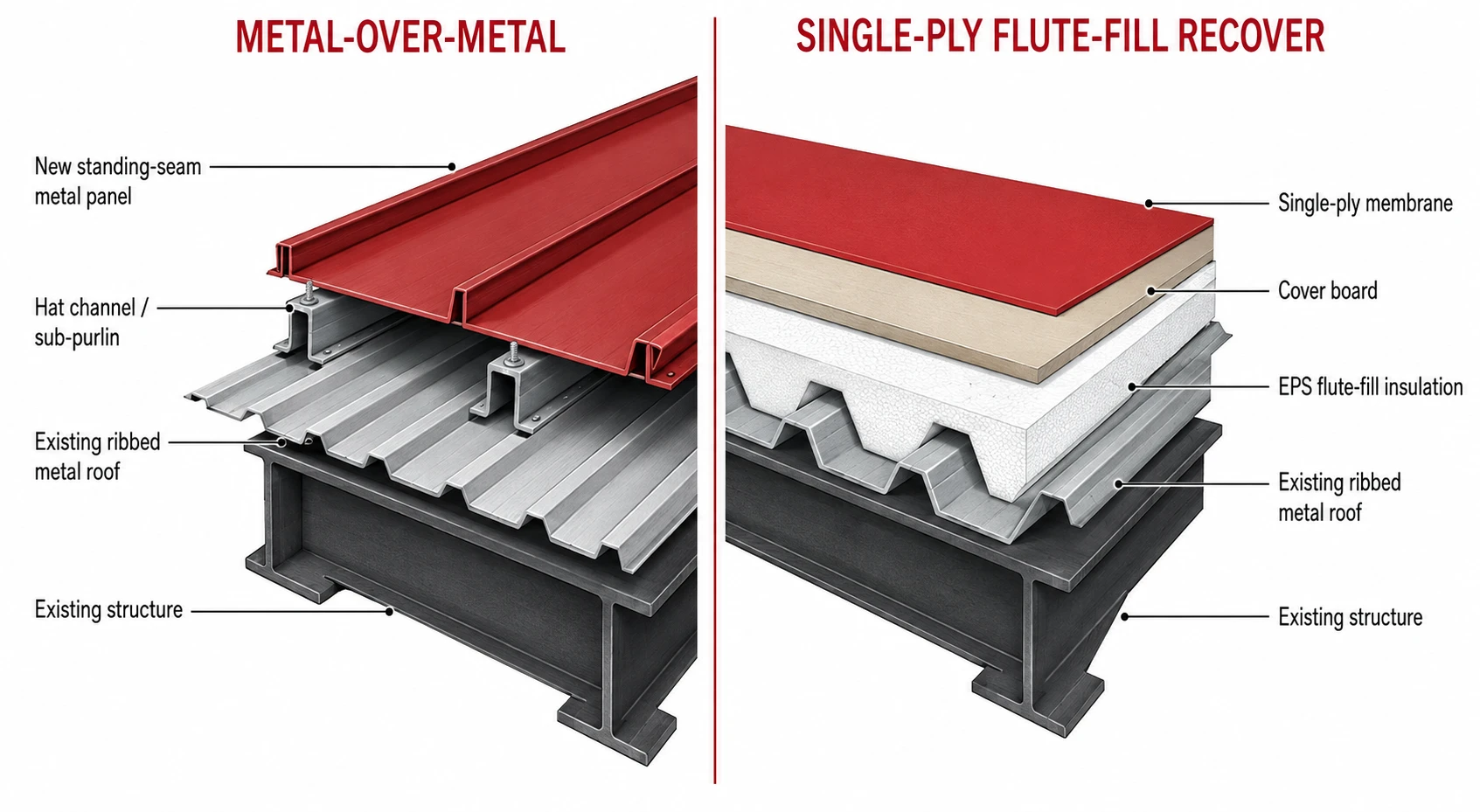 Diagram of a metal roof overlay: sub-purlin metal-over-metal versus single-ply flute-fill recover over existing metal panels