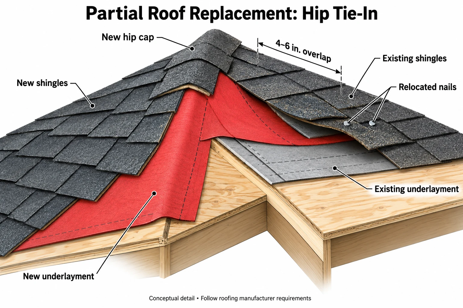 Diagram of a partial shingle roof replacement tie-in at the hip, showing new underlayment overlapping 4 to 6 inches under the existing shingles, relocated nails, and a new hip cap