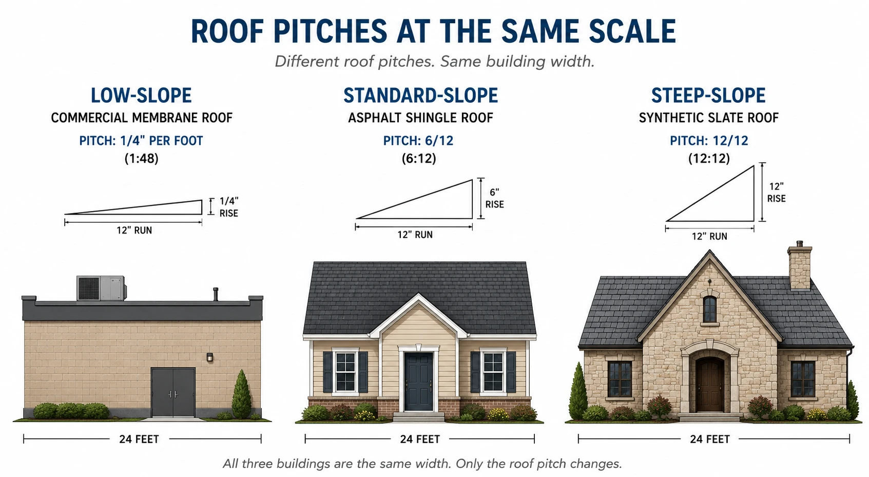Comparison of low-slope, standard-slope, and steep-slope roof pitches side by side