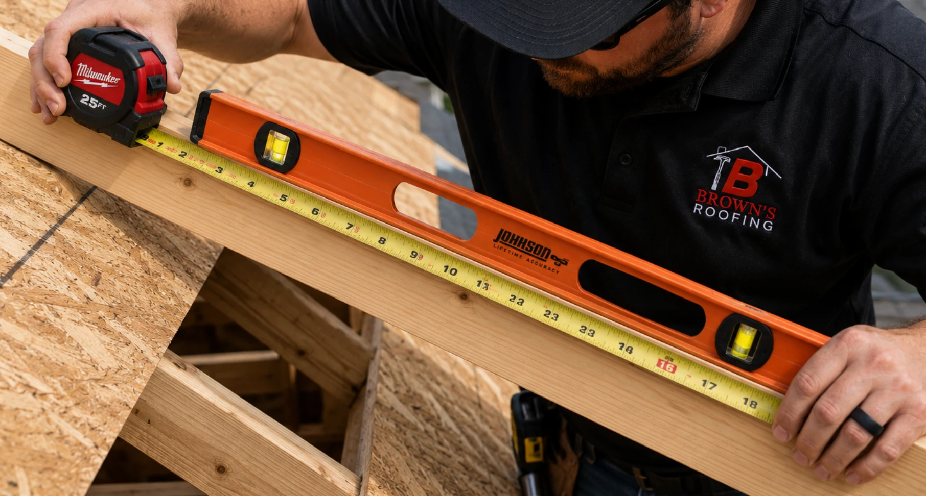 Roofer measuring roof pitch with a level and tape measure on the deck