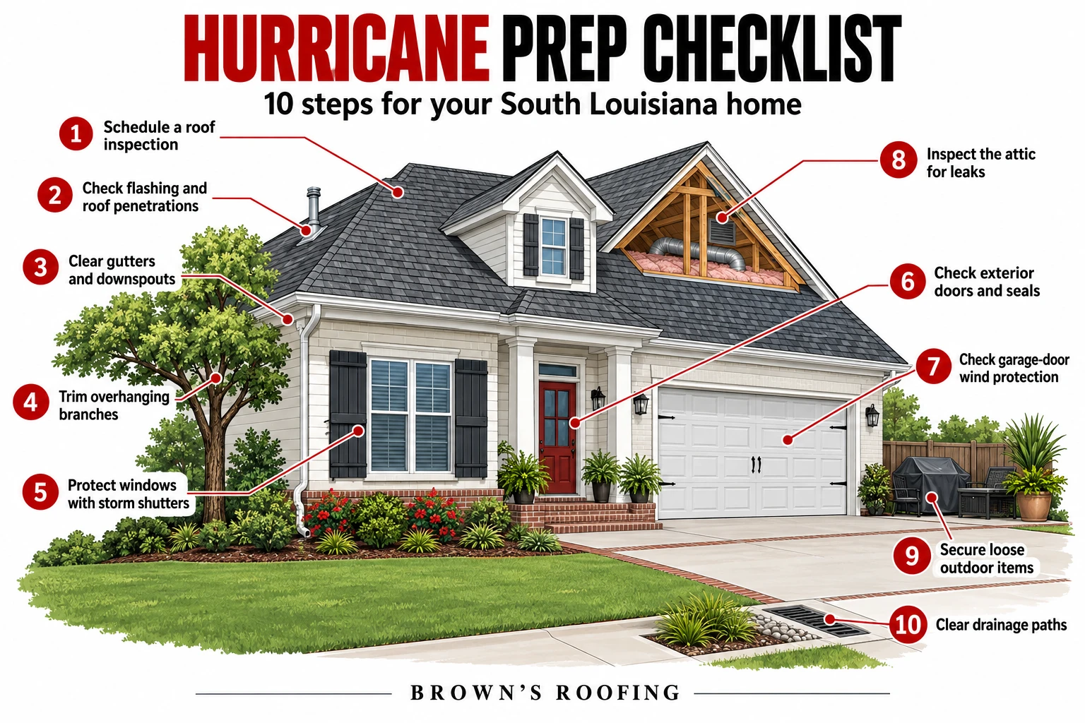 Hurricane prep checklist diagram for a South Louisiana home