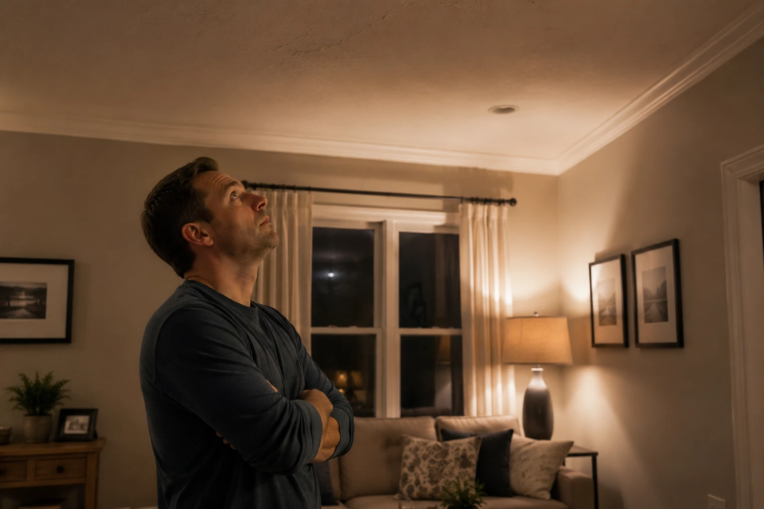 Homeowner looking up at a ceiling making cracking noises at night
