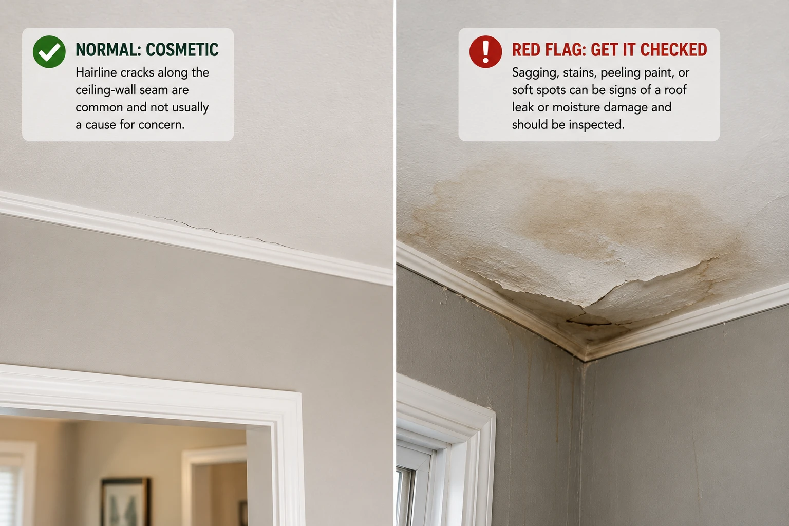 Cosmetic ceiling-wall corner crack versus a water-stained sagging ceiling that needs a roof inspection