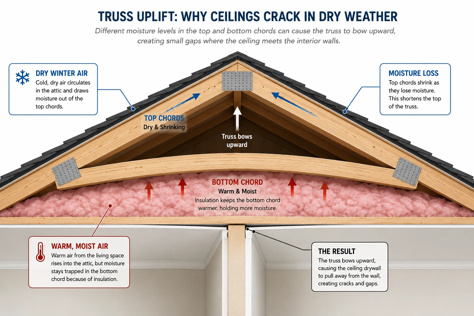 Truss uplift diagram showing a bottom chord bowing away from the ceiling drywall at an interior wall