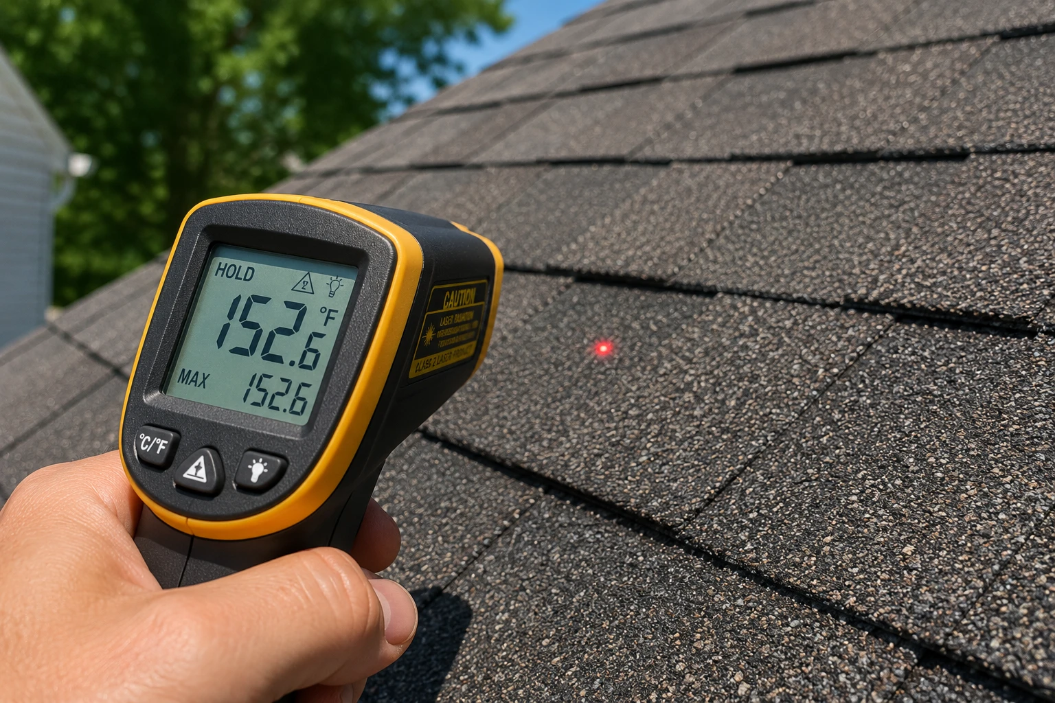 Infrared reading of a dark asphalt shingle surface temperature on a hot Kansas afternoon