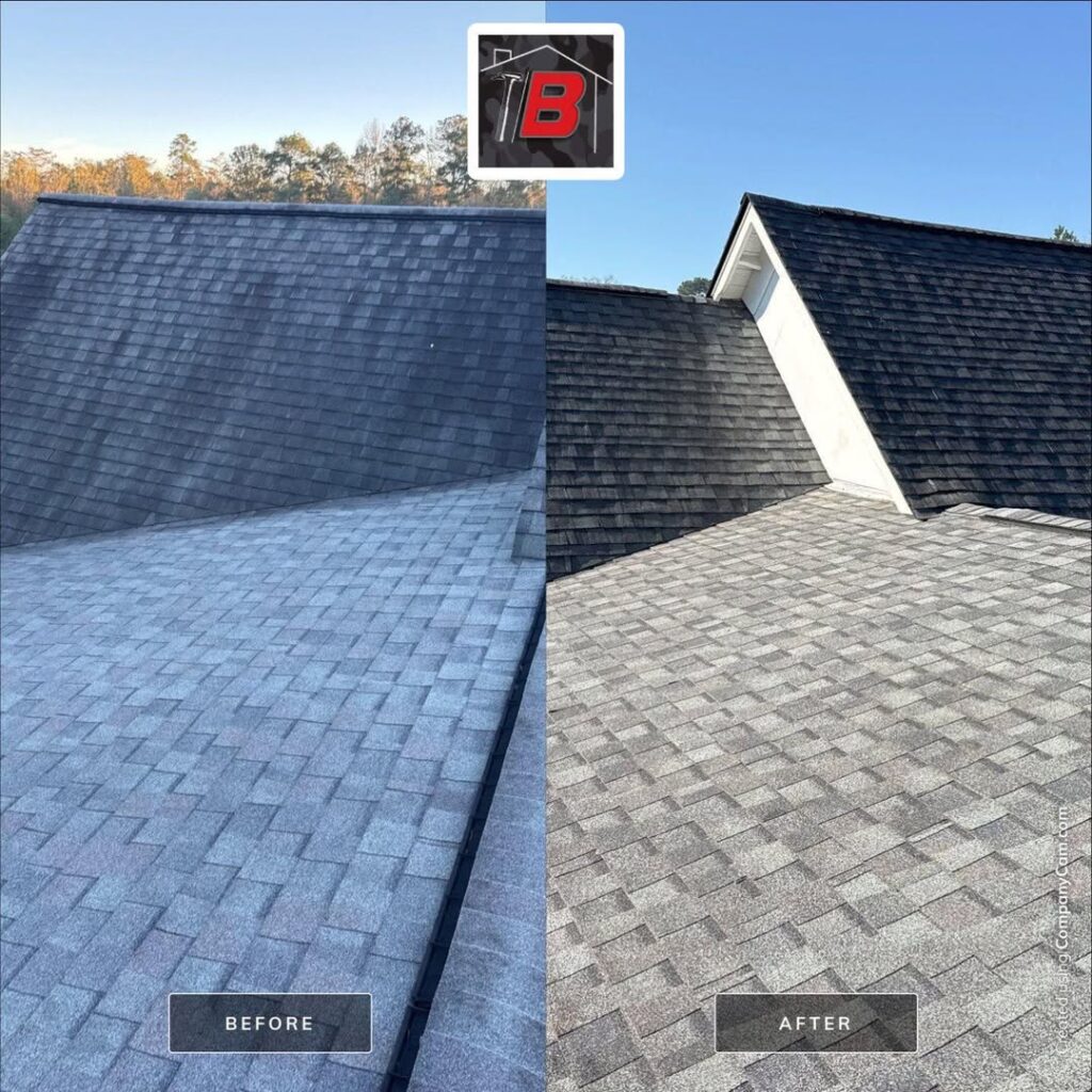 A before and after picture of a roof install by Brown's Roofing.