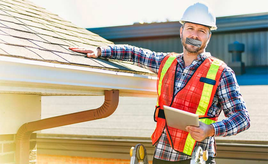 Roofer with his mouth taped shut.