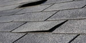 Wind damaged roof and lifted shingles