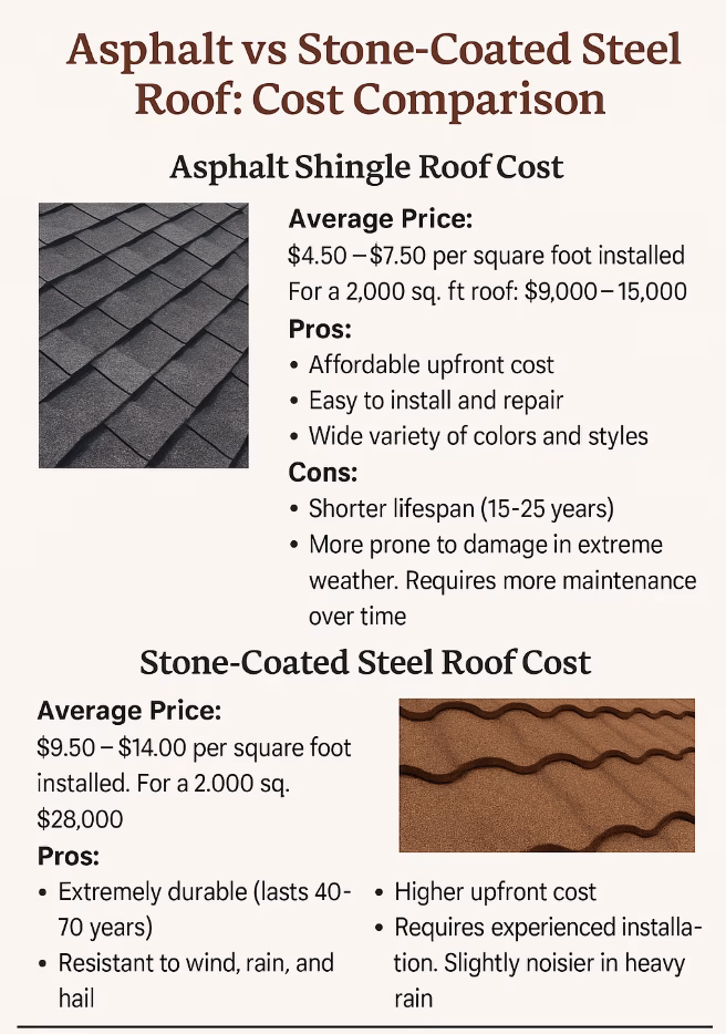 Side by side of stone coated versus shingle roofing.