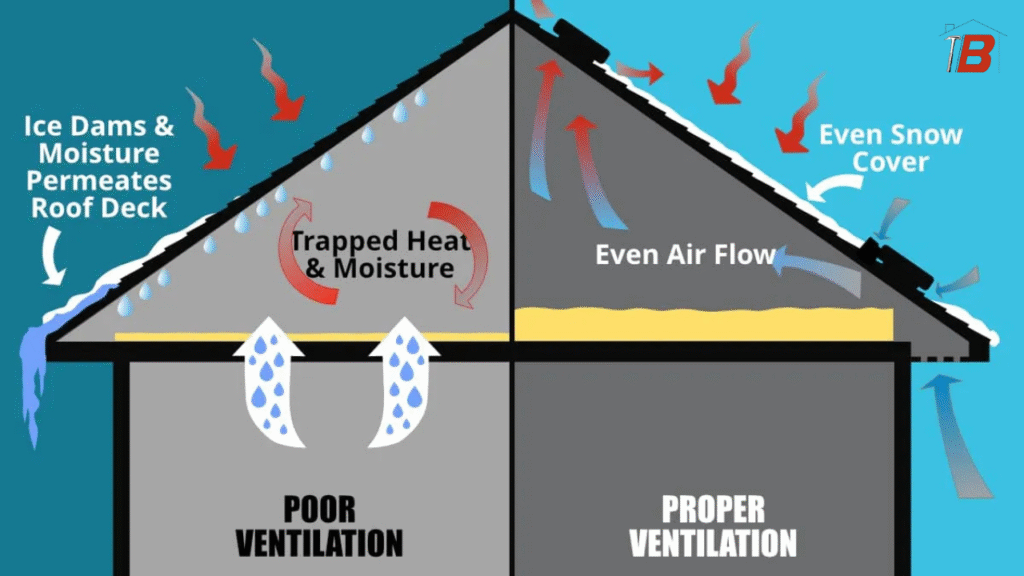 Diagram of proper compared to poor attic ventilation.