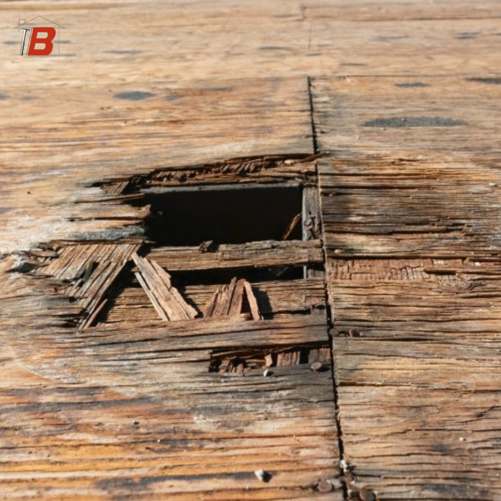 Image off rotting roof deck from poor attic ventilation.